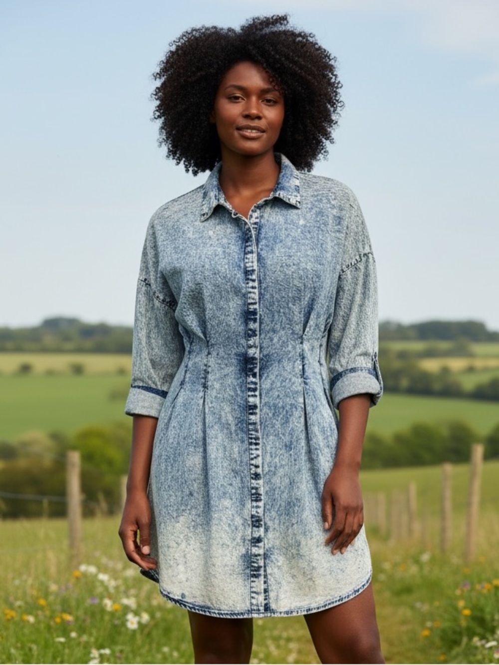 Thrill Acid-Wash Casual Denim Shirt Dress in Pale Blue Ombre Vintage Retro Sz XL